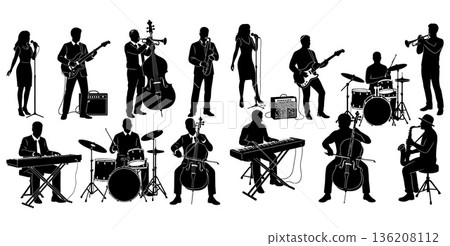 Musical band silhouettes set, with singer, drummer, guitarist, and other musicians playing instruments Musical band silhouettes set, with singer, drummer, guitarist, and other musicians playing instruments 136208112