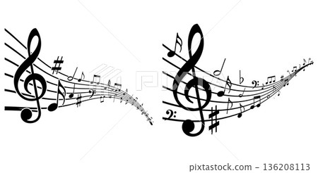 Musical notes flowing on staff lines with clefs and sharps Musical notes flowing on staff lines with clefs and sharps 136208113