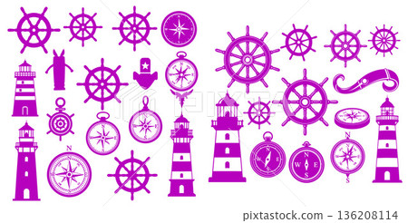 Nautical icons featuring ship wheels, lighthouses, compasses, and marine elements for design projects 136208114