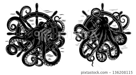 Nautical octopus illustration holding a ship's steering wheel, detailed engravings, and elements 136208115