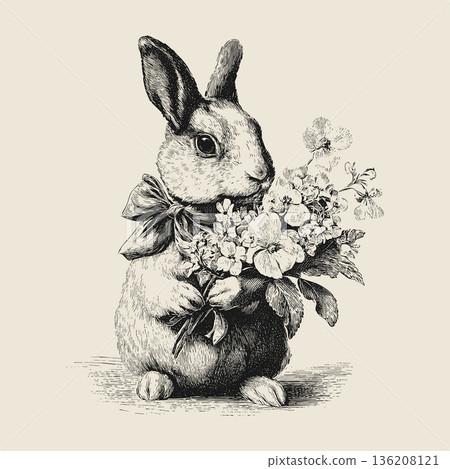 Vintage Easter Bunny with Floral Bouquet Engraved Illustration Vintage Easter Bunny with Floral Bouquet Engraved Illustration 136208121
