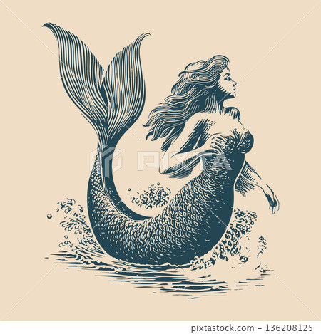 Hand Drawn Vector Mermaid Illustration in Sea Nautical Theme 136208125
