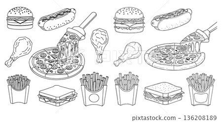 Outlined fast food collection featuring pizza slice with melted cheese, burger, sandwich and fries 136208189