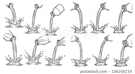 Pouring Liquid From Bottles Creating Dynamic Water Splashes and Drops 136208219