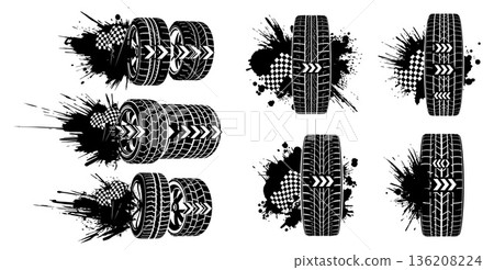 Racing tires with checkered flags and abstract splatter effects 136208224