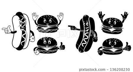 Retro cartoon burger and hotdog mascot characters in various poses, illustration 136208230