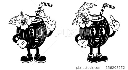 Retro coconut character with flower and umbrella gesturing. Vintage summer cartoon 136208252