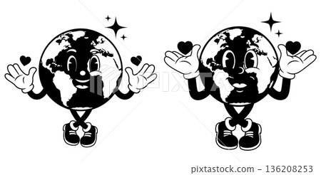Retro Earth Character Holding Hearts and Stars, Cartoon Mascot Illustration 136208253