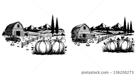 Rustic farm with vintage pickup truck, barn, pumpkins, and mountain range 136208273