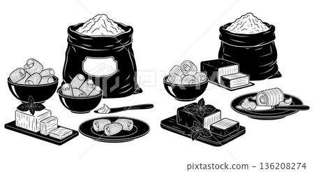 Rustic illustration featuring a flour sack, butter curls, and herb garnish, isolated composition 136208274