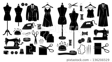 Set of sewing accessories, tailor equipment, garment industry tools, and dressmaking equipment in silhouette 136208329