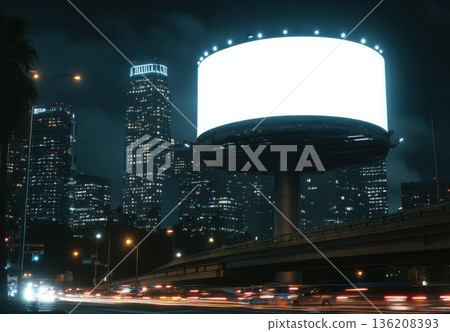 Illuminated Blank Billboard in Downtown Cityscape at Night 136208393