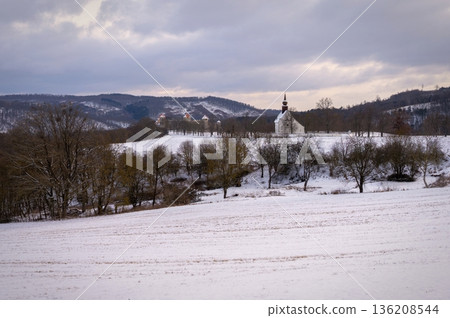 Winter landscape with a beautiful Gothic castle Veveri. Brno city Czech Republic Central Europe. Winter landscape with a beautiful Gothic castle Veveri. Brno city Czech Republic Central Europe. 136208544