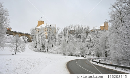 Winter landscape with a beautiful Gothic castle Veveri. Brno city Czech Republic Central Europe. Winter landscape with a beautiful Gothic castle Veveri. Brno city Czech Republic Central Europe. 136208545