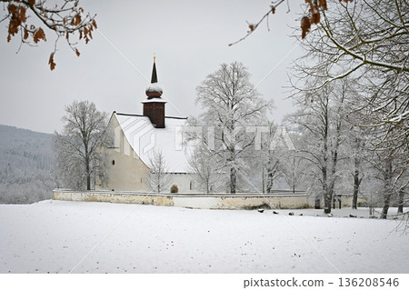 Winter landscape with a beautiful chapel near castle Veveri. Czech Republic city of Brno. The Chapel of the Mother of God. Winter landscape with a beautiful chapel near castle Veveri. Czech Republic city of Brno. The Chapel of the Mother of God. 136208546