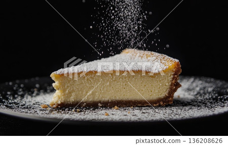 A slice of cheesecake with powdered sugar on top 136208626