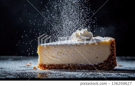 A slice of cheesecake with powdered sugar on top 136208627