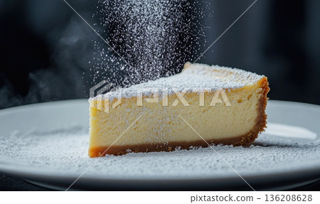 A slice of cheesecake with powdered sugar on top 136208628