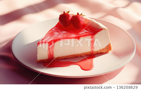 A slice of strawberry cheesecake with a drizzle of sauce on top A slice of strawberry cheesecake with a drizzle of sauce on top 136208629