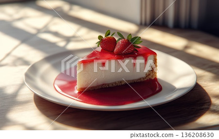 A slice of strawberry cheesecake with a red sauce drizzled on top 136208630