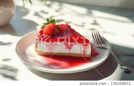 A slice of strawberry cheesecake with a fork on a white plate 136208631