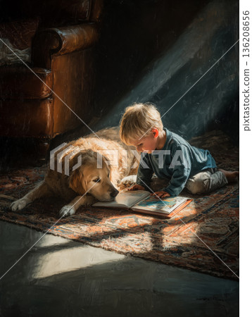 Toddler enjoys story time with a loyal dog in a cozy room 136208656