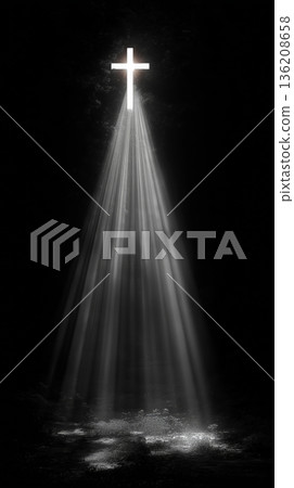 Radiant cross emerges from darkness, casting beams of light in harmony Radiant cross emerges from darkness, casting beams of light in harmony 136208658