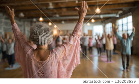 Joyful yoga session uniting seniors and young adults in a serene studio Joyful yoga session uniting seniors and young adults in a serene studio 136208659
