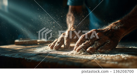 Elderly hands lovingly kneading dough in a sunlit kitchen space 136208700