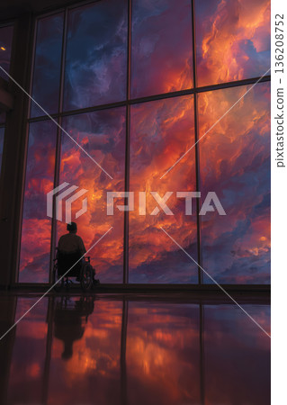 Hopeful gaze toward a vibrant sky from a hospital room at sunset 136208752