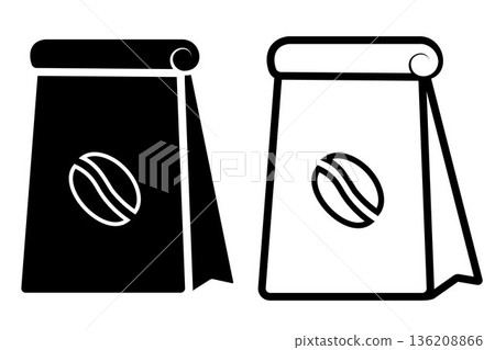 Coffee Bag icon. Black, white silhouette Paper bag full of coffee, isolated on white background. linear illustration, logo for coffee shop, hand drawn artwork 136208866