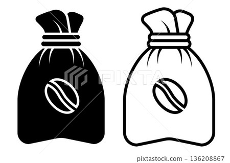 Coffee Bag icon. Black, white silhouette Paper bag full of coffee, isolated on white background. linear illustration, logo for coffee shop, hand drawn artwork Coffee Bag icon. Black, white silhouette Paper bag full of coffee, isolated on white background. linear illustration, logo for coffee shop, hand drawn artwork 136208867