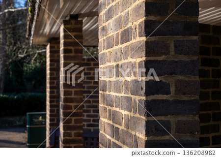 Brick-built shelter in Kelsey Park, a public park in Beckenham, Kent, UK. Brick-built shelter in Kelsey Park, a public park in Beckenham, Kent, UK. 136208982