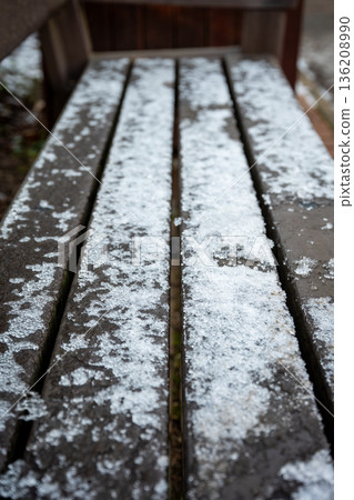 Icy park bench in winter 136208990