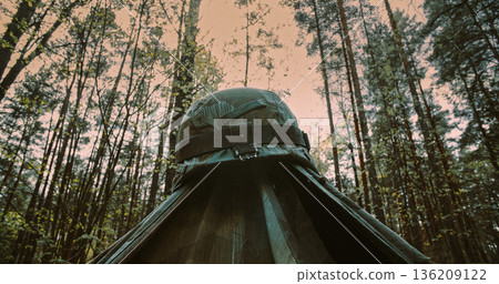 Low angle view of German helmet atop camouflage tent in forest 136209122