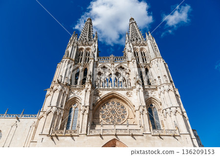 Burgos Cathedral facade against a bright blue sky in Spain Burgos Cathedral facade against a bright blue sky in Spain 136209153
