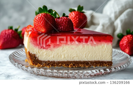 A slice of strawberry cheesecake with strawberries on top 136209166