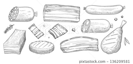 Sketch of meat products. Handdrawn beef, lamb and pork steak extra or medium rare. Grilled sausages Sketch of meat products. Handdrawn beef, lamb and pork steak extra or medium rare. Grilled sausages 136209581