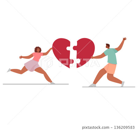 Man and woman holding pieces of heart that is matching. Love couple match. Valentines day. Colorful vector Man and woman holding pieces of heart that is matching. Love couple match. Valentines day. Colorful vector 136209583