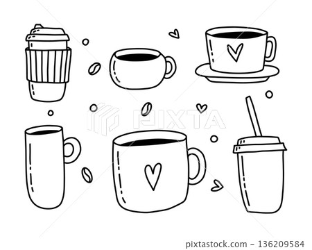 Different cups models. Tea cup, scandinavian kitchen coffee mug with heart on it. Vector mug or cup for tea, cartoon scandinavian ceramic for beverage illustration Different cups models. Tea cup, scandinavian kitchen coffee mug with heart on it. Vector mug or cup for tea, cartoon scandinavian ceramic for beverage illustration 136209584