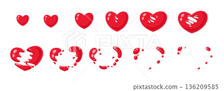 Heart sprite animation. Grow and disappear sprite sequence for like button pressed, game heart explosion graphic template. Vector animate frames set of love heart animation effect illustration 136209585