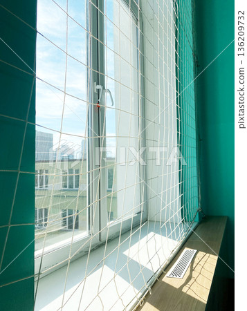 Window with protective netting in a gym, showcasing bright natural light and a vibrant turquoise wall, creating a safe and inviting workout environment Window with protective netting in a gym, showcasing bright natural light and a vibrant turquoise wall, creating a safe and inviting workout environment 136209732