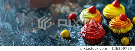 Colorful cupcakes with red, yellow, and green frosting, topped with cherries, arranged on a dark surface. Ideal for dessert themes and celebrations. copy space, free space for text Colorful cupcakes with red, yellow, and green frosting, topped with cherries, arranged on a dark surface. Ideal for dessert themes and celebrations. copy space, free space for text 136209759
