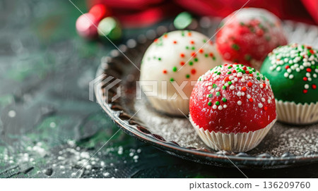 Colorful holiday treats on a decorative plate. Red, green, and white chocolate balls with sprinkles. Festive background with Christmas decorations. copy space, free space for text 136209760