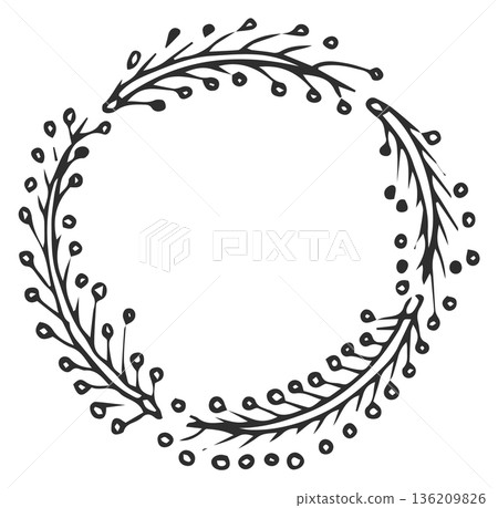 Doodle botany wreath. Floral ornament round frame 136209826