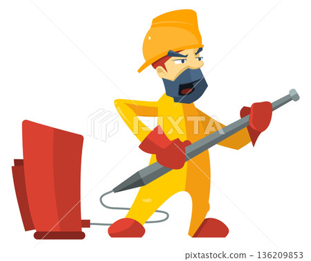 Firefighter with water hose cartoon mascot. Fire emergency Firefighter with water hose cartoon mascot. Fire emergency 136209853