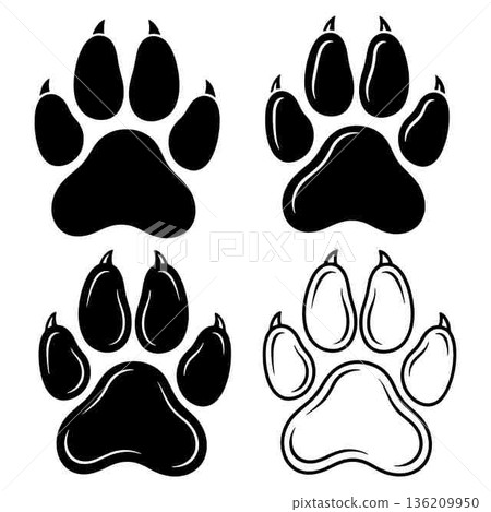 Black and white paw prints representing animal footprints design element 136209950