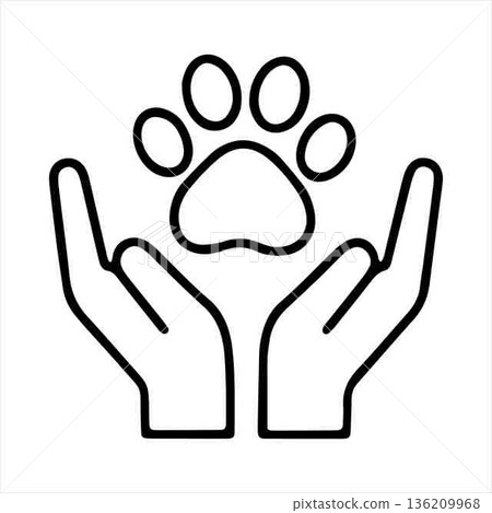 Caring hands supporting animal paw print conceptual line art 136209968
