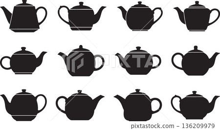 Set of twelve black silhouettes of classic and modern teapots in various shapes and sizes presented against white background for design print greeting cards posters icons infographics and web content 136209979