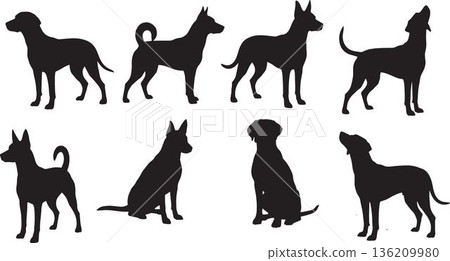 black silhouettes of various dog breeds standing sitting positions isolated on transparent background 136209980